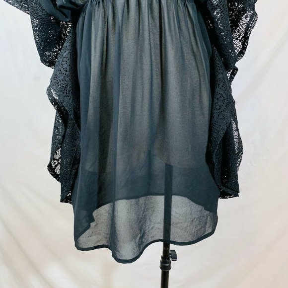 Beach Sheer Cover Up Dress Size Small Black Ruffle VNeck - Picture 3 of 12